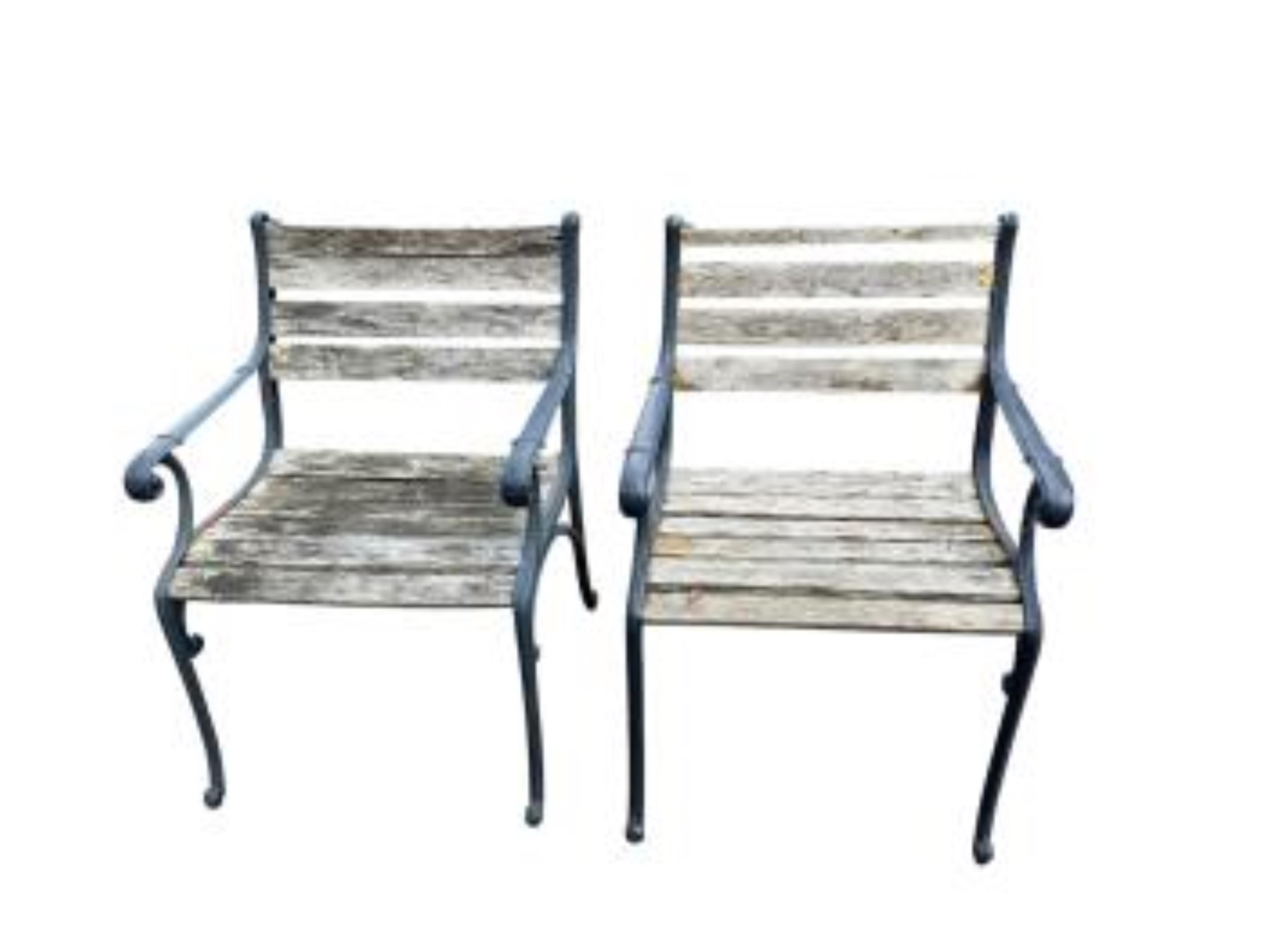A cast metal slatted garden bench and three matching garden armchairs and four bench ends